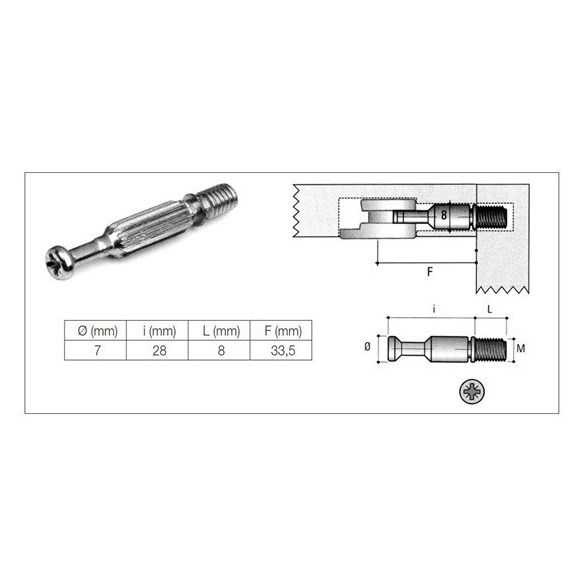 Bútorösszehúzó excenter szár M6 x 33,5