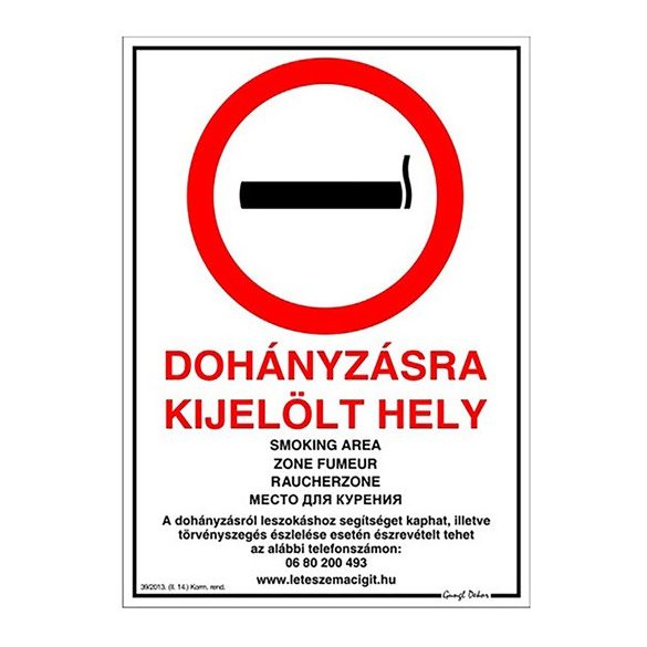 Tábla műanyag "Dohányzásra kijelölt hely"