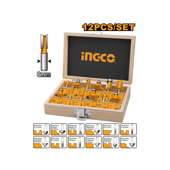 INGCO Felsőmaró készlet 12 db-os 6 mm