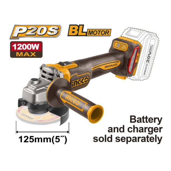 INGCO Akkus sarokcsiszoló 125 mm szénkefe nélküli 20 V (akku és töltő nélkül)