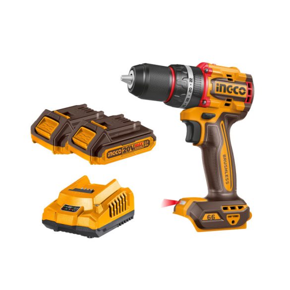 IINGCO Akkus ütvefúró-csavarozó 66 Nm szénkefe nélküli 20 V (2 x 2,0 Ah akku + töltő)