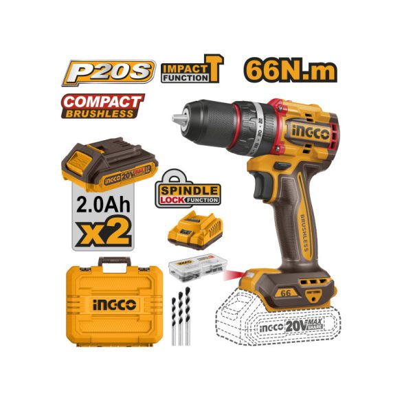IINGCO Akkus ütvefúró-csavarozó 66 Nm szénkefe nélküli 20 V (2 x 2,0 Ah akku + töltő)