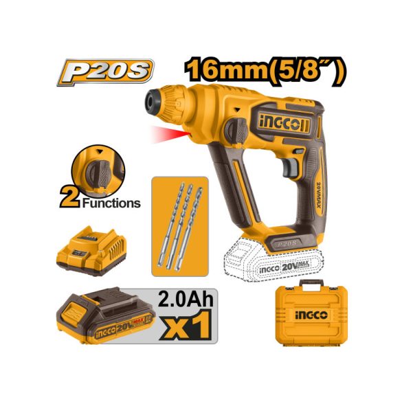INGCO Akkus ütvefúró 1,5 J SDS-Plus szénkefe nélküli 20 V (1 x 2,0 Ah akku + töltő)