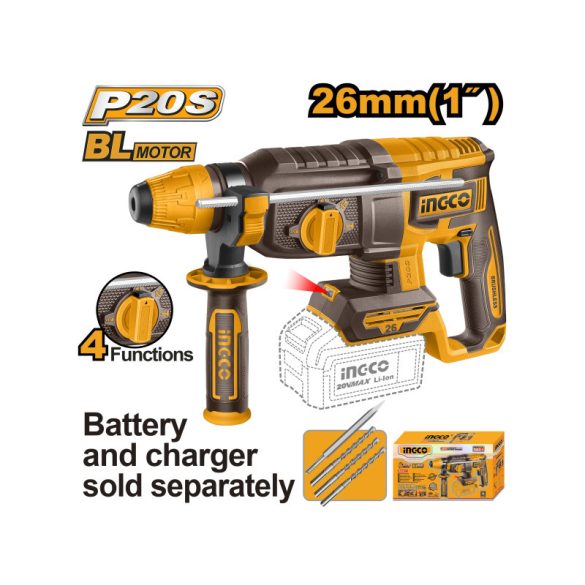 INGCO Akkus kombikalapács 2,5 J SDS-Plus szénkefe nélküli 20 V (akku és töltő nélkül)