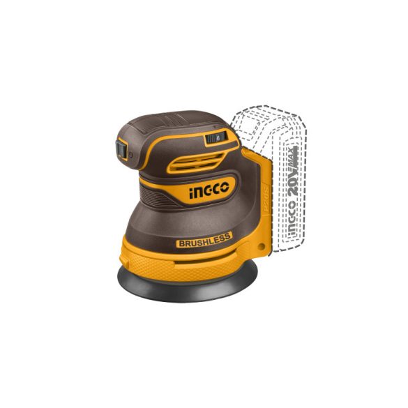 INGCO Akkus excentercsiszoló szénkefe nélküli 20 V (akku és töltő nélkül)