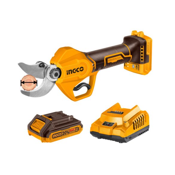 INGCO Akkus metszőolló 30 mm szénkefe nélküli 20 V (1 x 2,0 Ah akku + töltő)