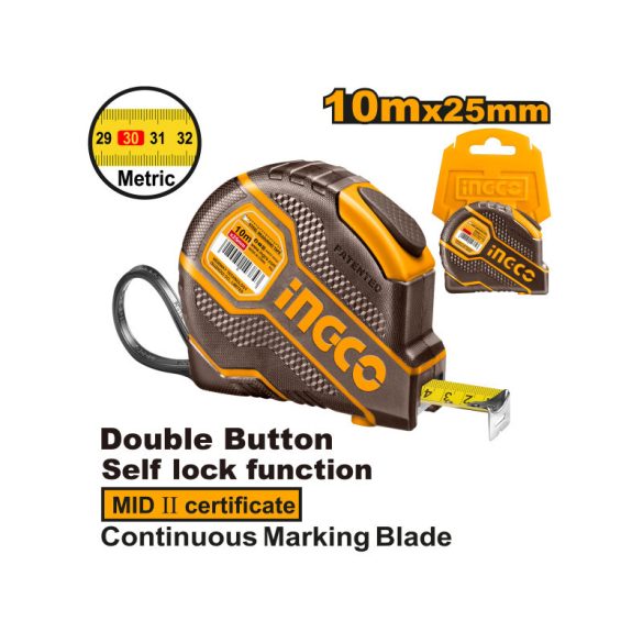 INGCO Mérőszalag 10 m x 25 mm gumírozott